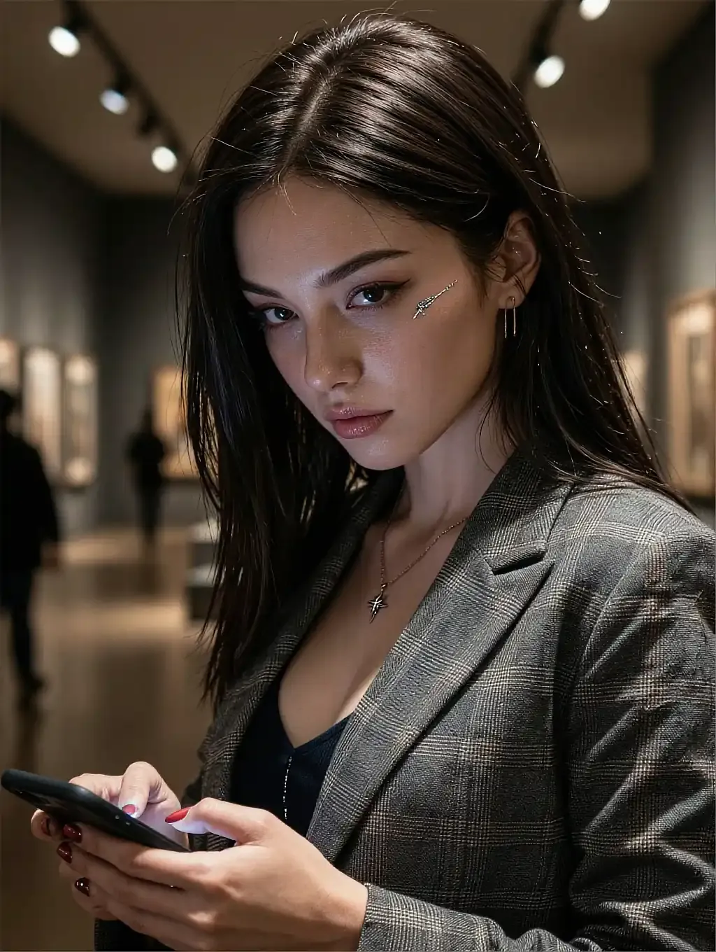 Fictional AI character in a grey checked blazer, looking down at her phone in a gallery corridor