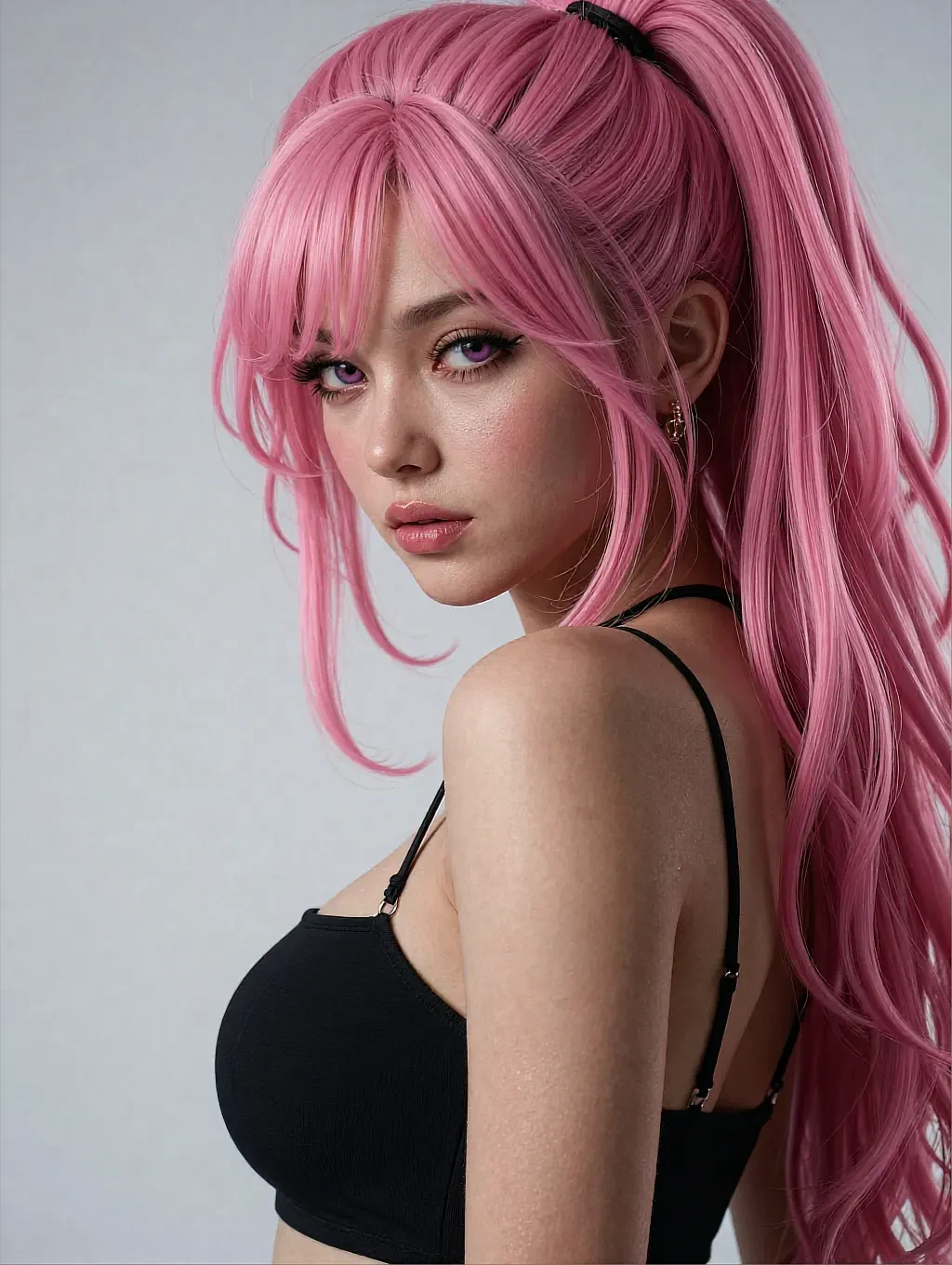 Fictional AI character with long pink hair in a black bandeau top against a plain pale wall