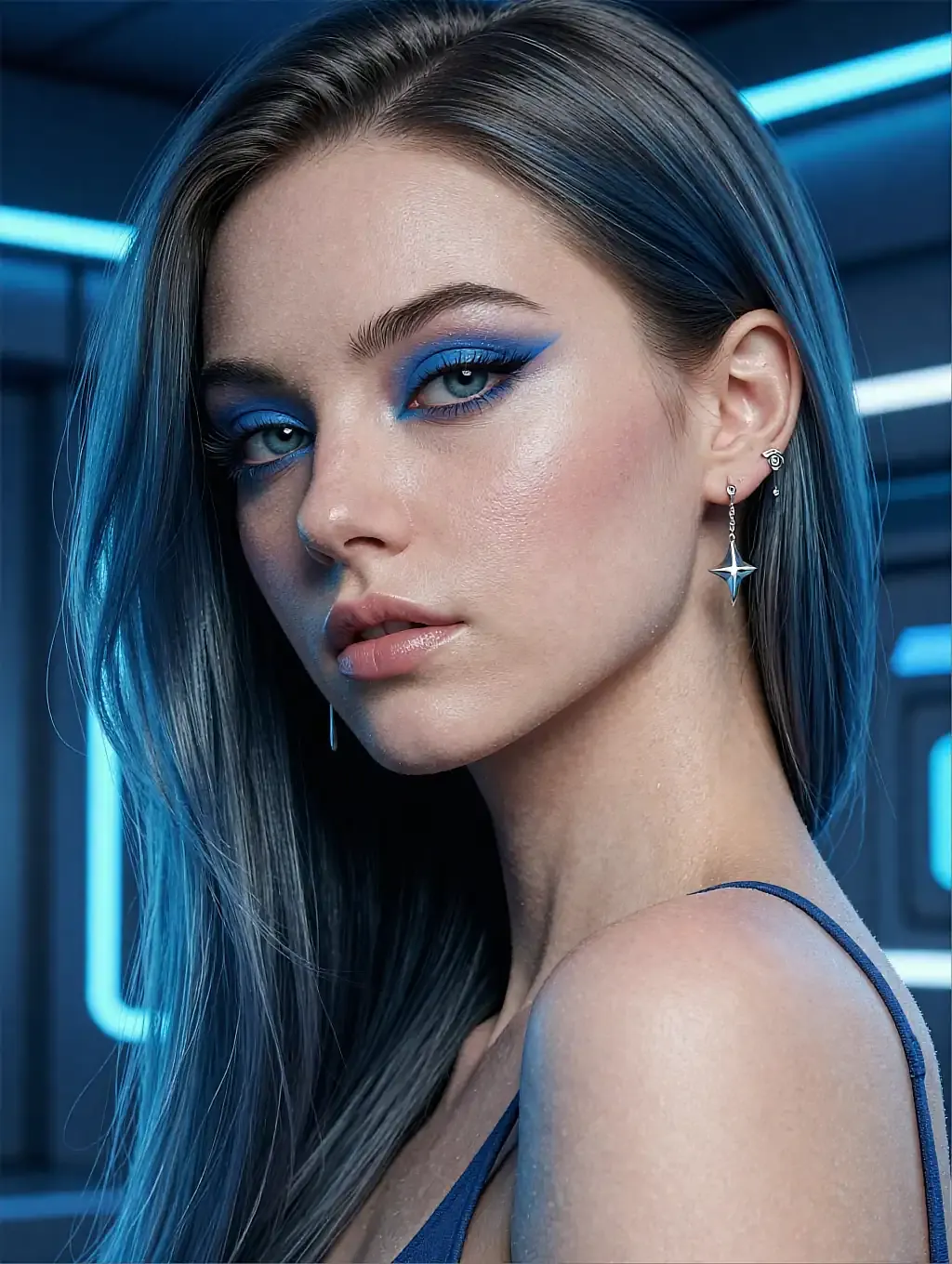 Fictional AI character with blue eye make-up and a blue strap top, lit by blue neon