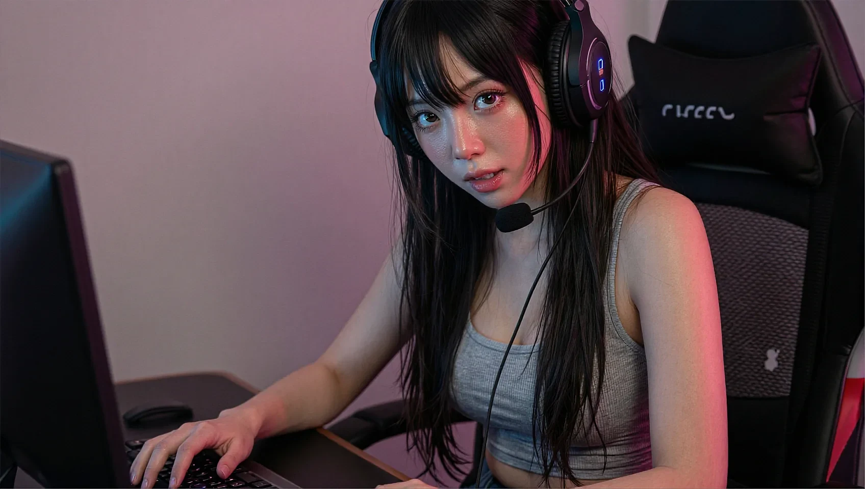 Fictional AI character in a headset typing at a computer in a gaming chair, lit pink