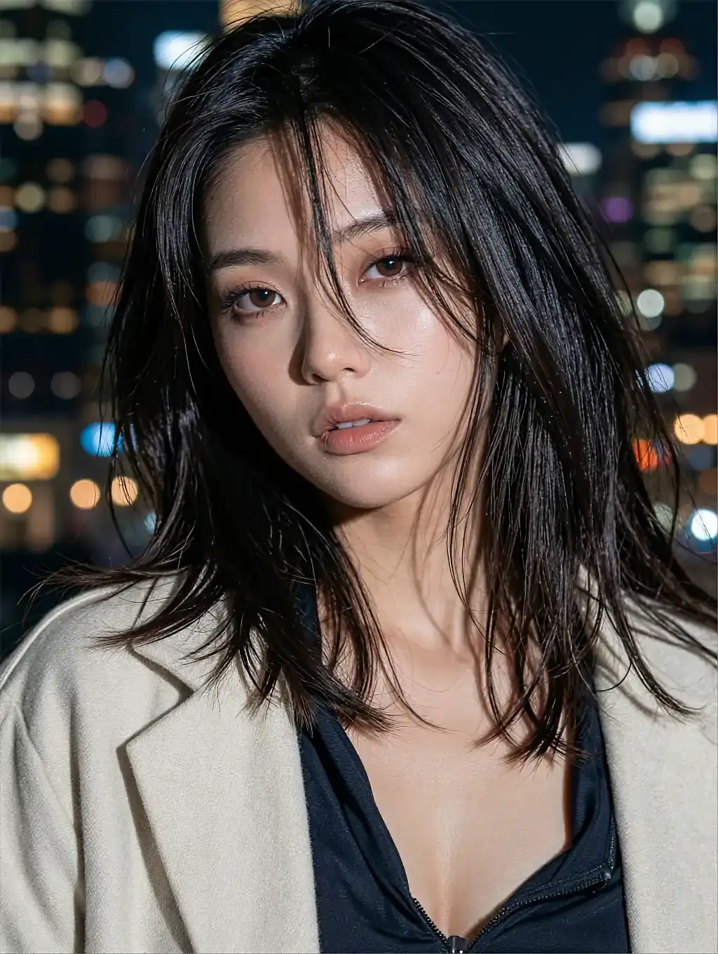Fictional AI character in a cream blazer over a black top, city lights blurred behind her at night